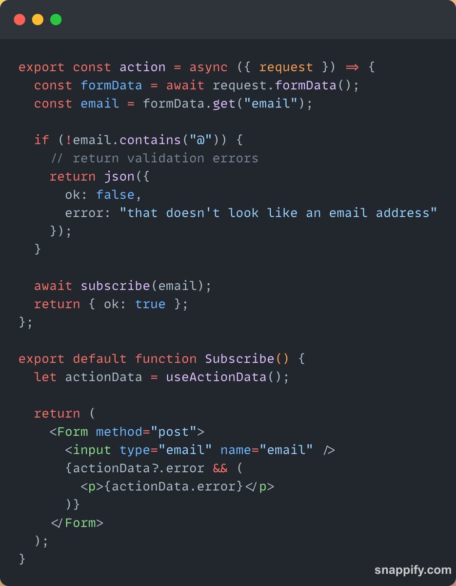 👉 Validate user input on the server and render validation errors in the client with ease thanks to `useActionData`

Data Writes Guide:
https://t.co/UC3npsJ9ua

useActionData doc:
https://t.co/Xxjr31NXYP https://t.co/Xs5YhodxUX