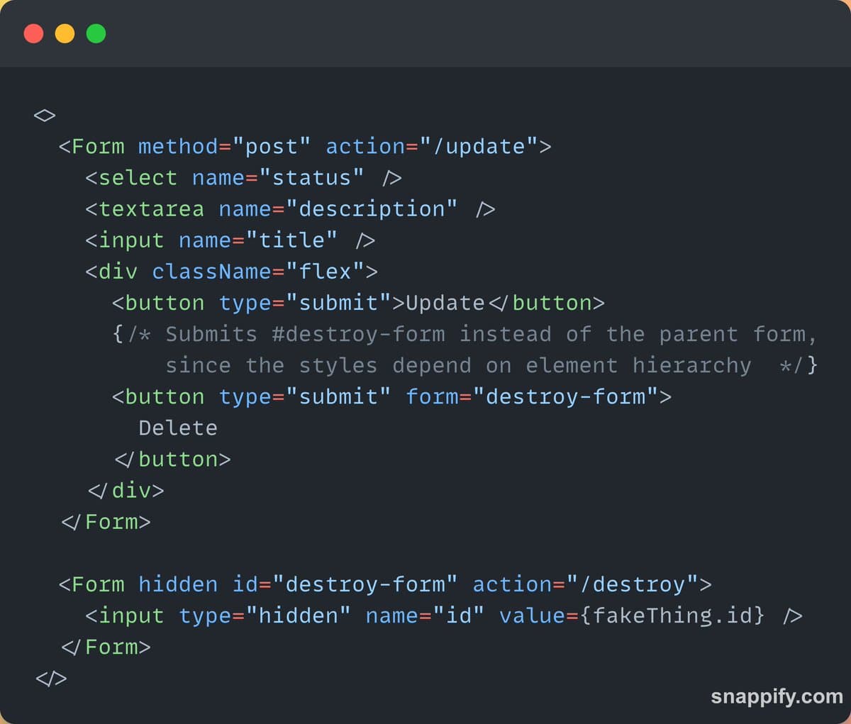 Got buttons that need to post to different actions but need to be siblings for CSS? 

Wondering if you need nested forms or maybe event.preventDefault()?

Keep your mutations declarative with &lt;button form&gt;! HTML has you covered 👊 and Remix will enhance!

https://t.co/I3a1Oxbono https://t.co/AysHvbC4rv