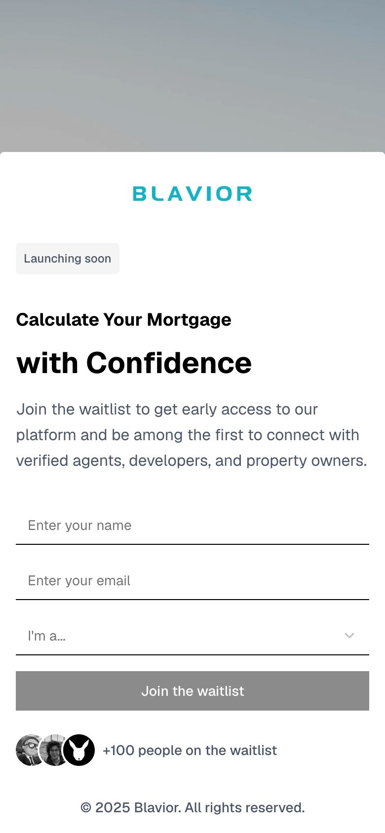 Blavior on a phone: the waitlist panel slides up over the photograph, with the rotating headline and the sign-up form
