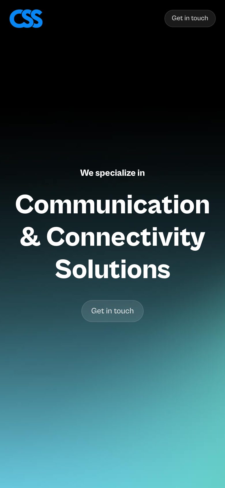 CSS on a phone: “We specialize in Communication & Connectivity Solutions” centred over the teal gradient