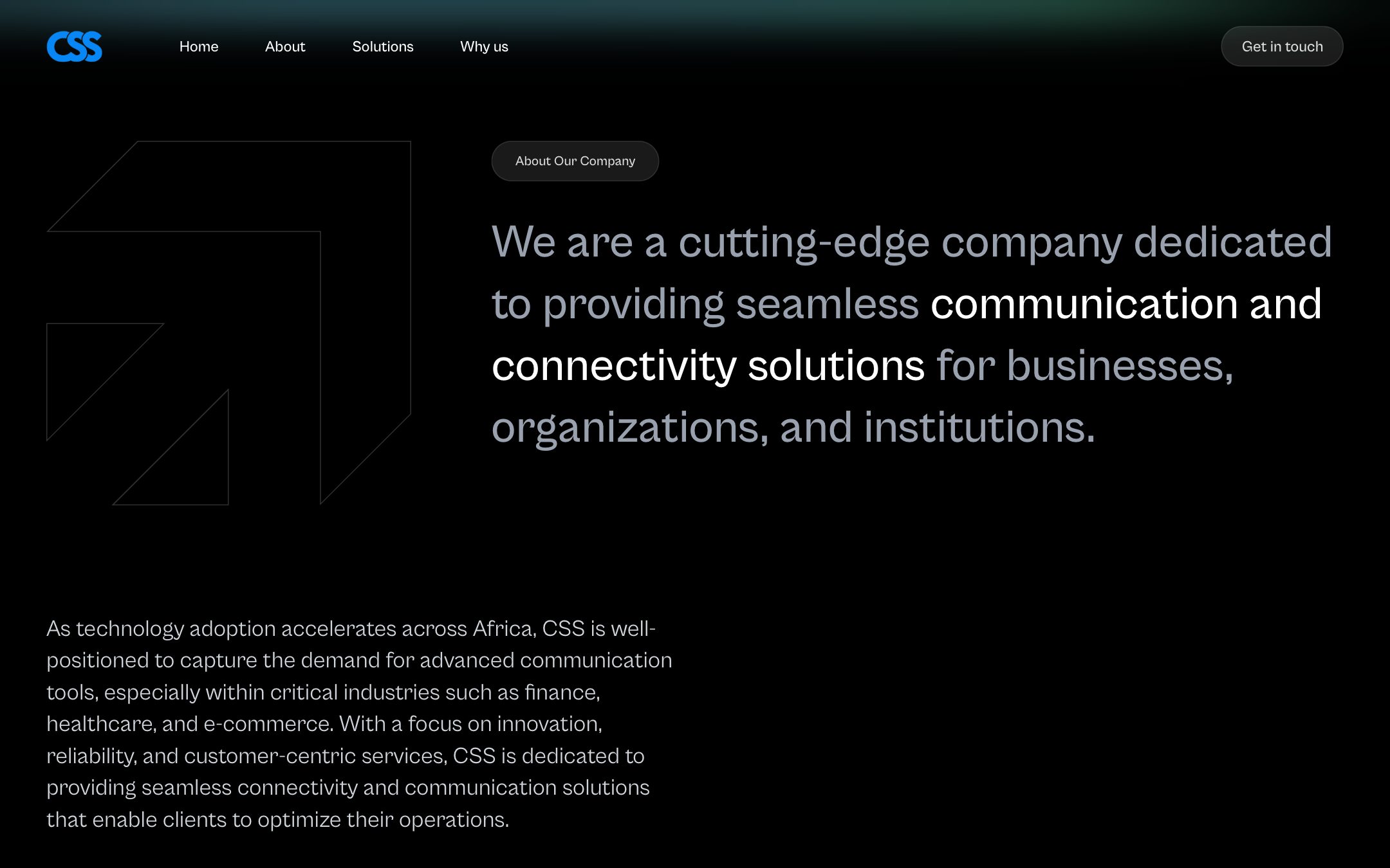 “About Our Company”: a line-art arrow beside “We are a cutting-edge company dedicated to providing seamless communication and connectivity solutions”