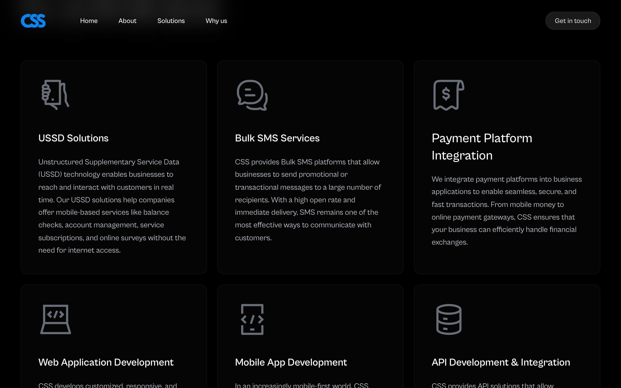 Solution cards: USSD Solutions, Bulk SMS Services and Payment Platform Integration above web, mobile and API development