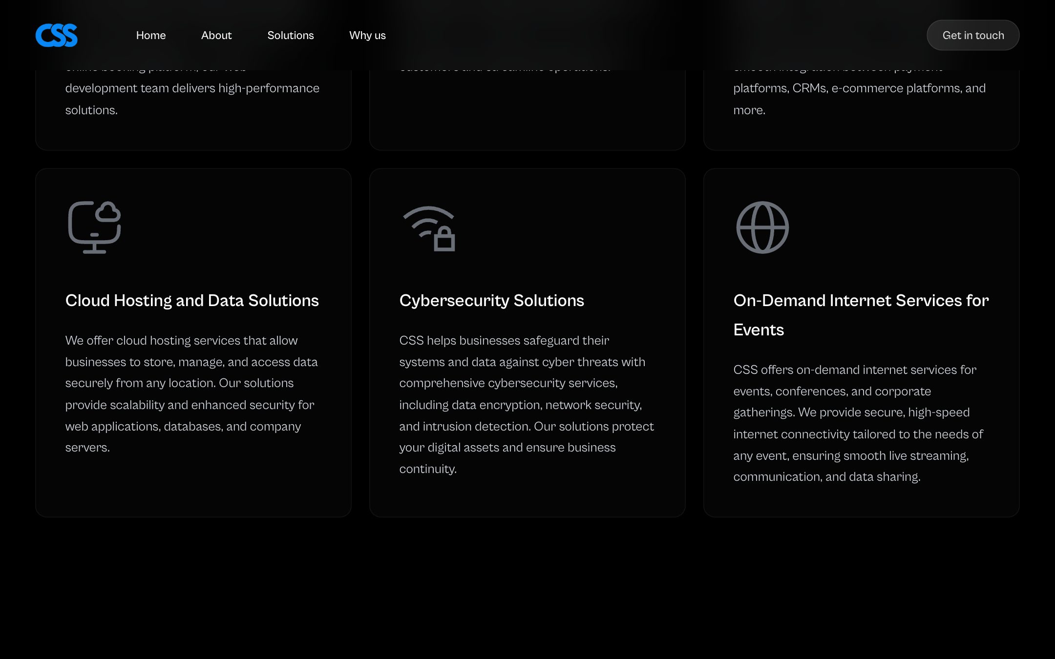 Solution cards for cloud hosting and data, cybersecurity, and on-demand internet for events