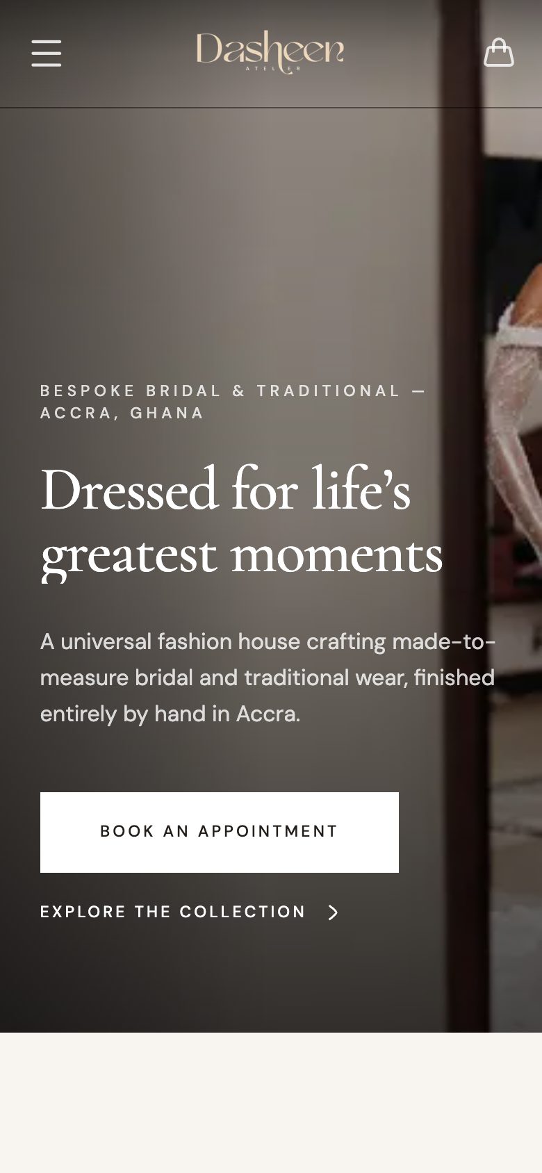Dasheen Atelier on a phone: “Dressed for life’s greatest moments” with Book an appointment and Explore the collection