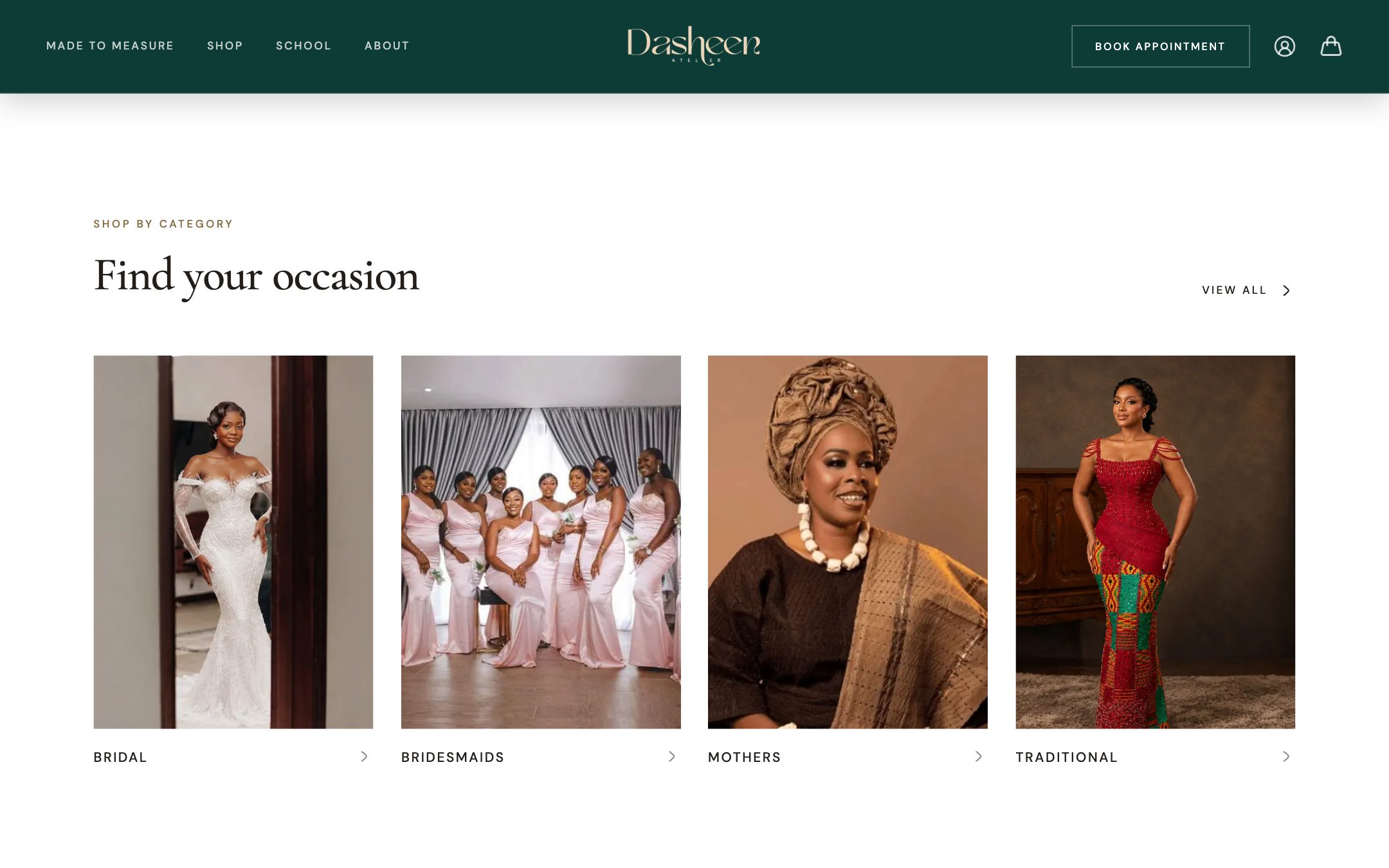 “Find your occasion”: Bridal, Bridesmaids, Mothers and Traditional category cards under the deep green header