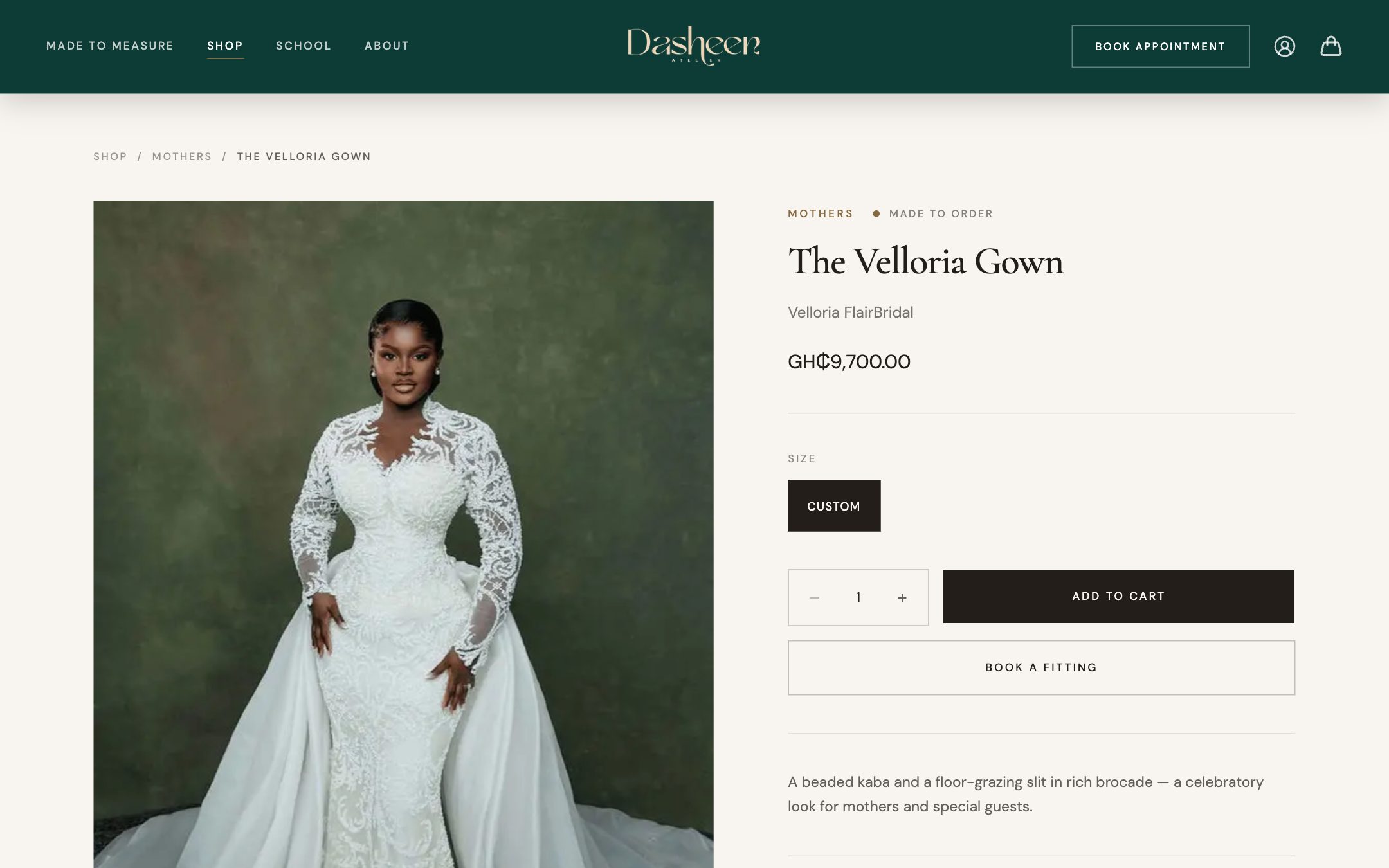 The Velloria Gown: GH₵9,700, made to order in a custom size, with Add to cart and Book a fitting