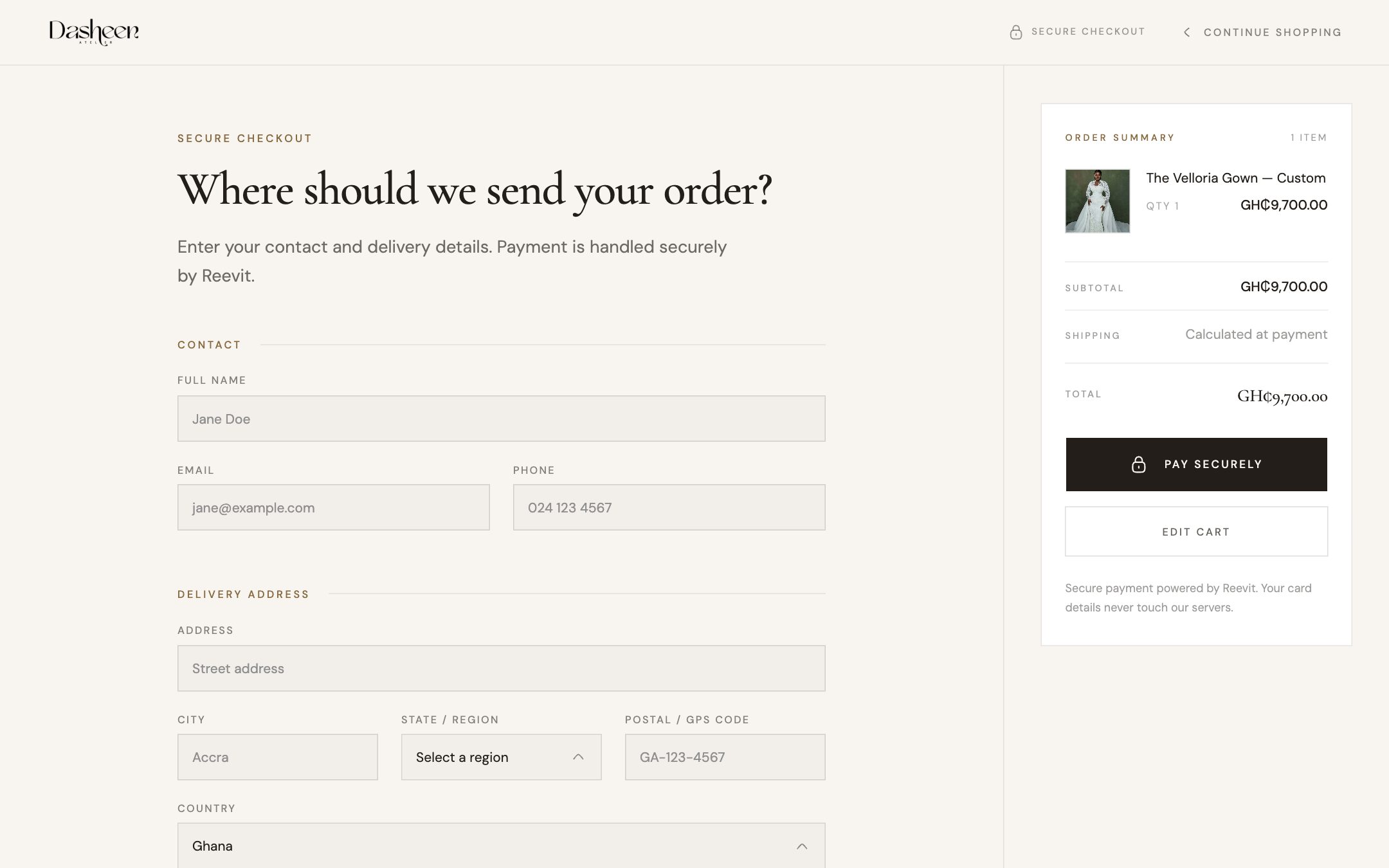 Secure checkout: “Where should we send your order?” with contact and delivery fields beside the order summary and Pay securely