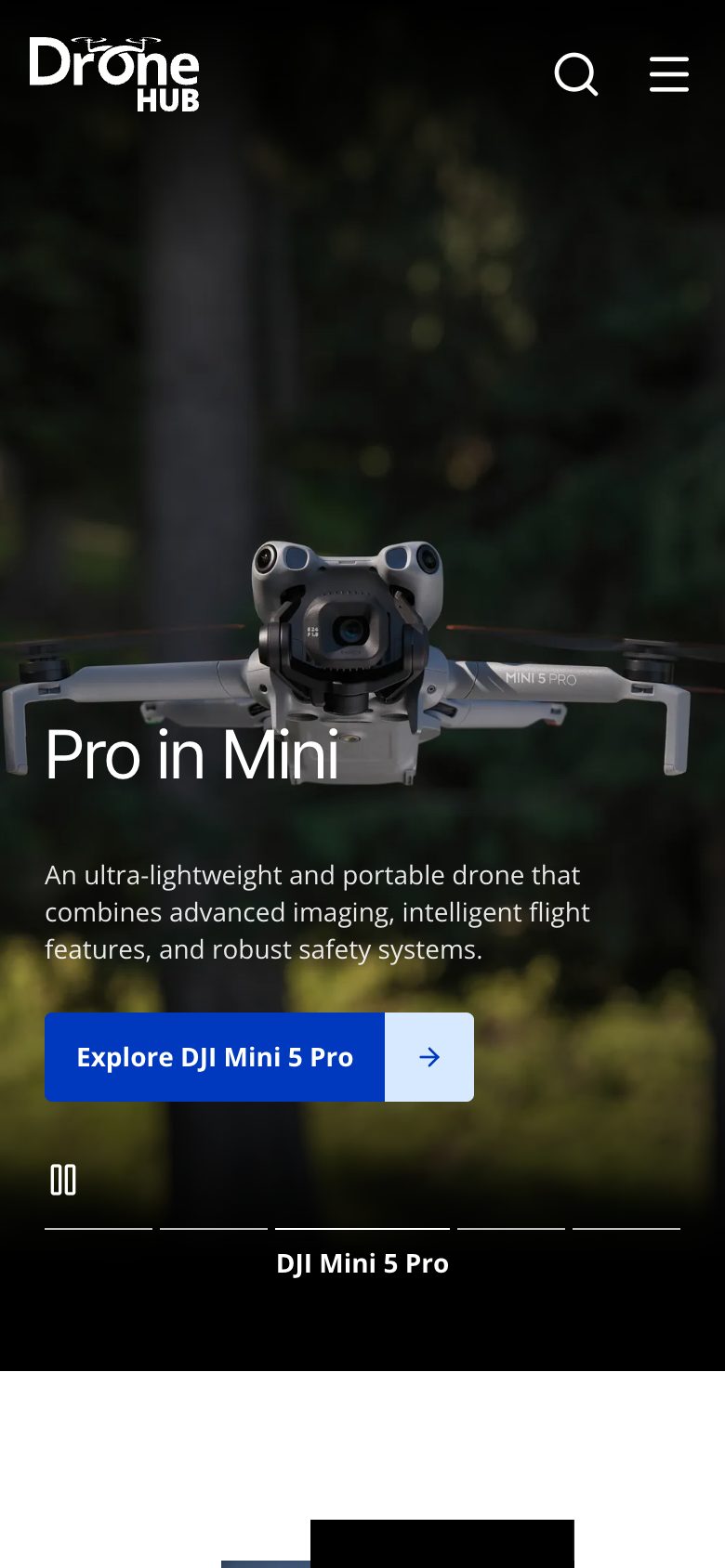 Dronehub on a phone: the DJI Mini 5 Pro slide of the hero carousel, “Pro in Mini”, with Explore DJI Mini 5 Pro