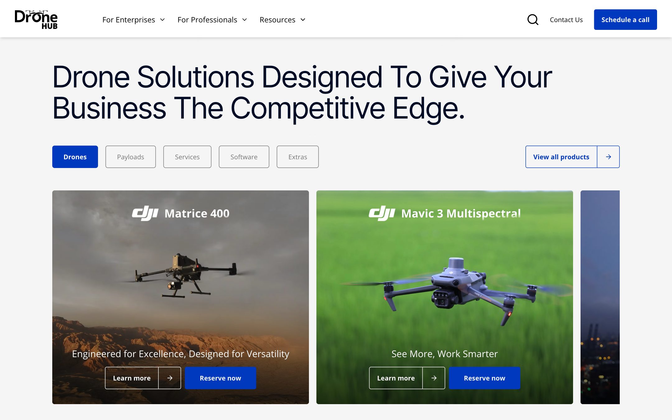 “Drone Solutions Designed To Give Your Business The Competitive Edge.”: tabs for drones, payloads, services, software and extras above Matrice 400 and Mavic 3 Multispectral cards