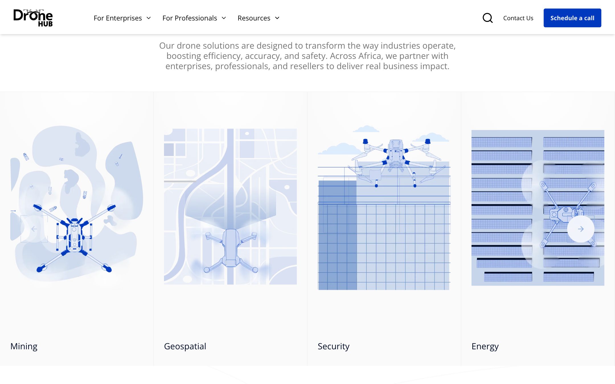 “Industries We Serve”: illustrated cards for mining, geospatial, security and energy