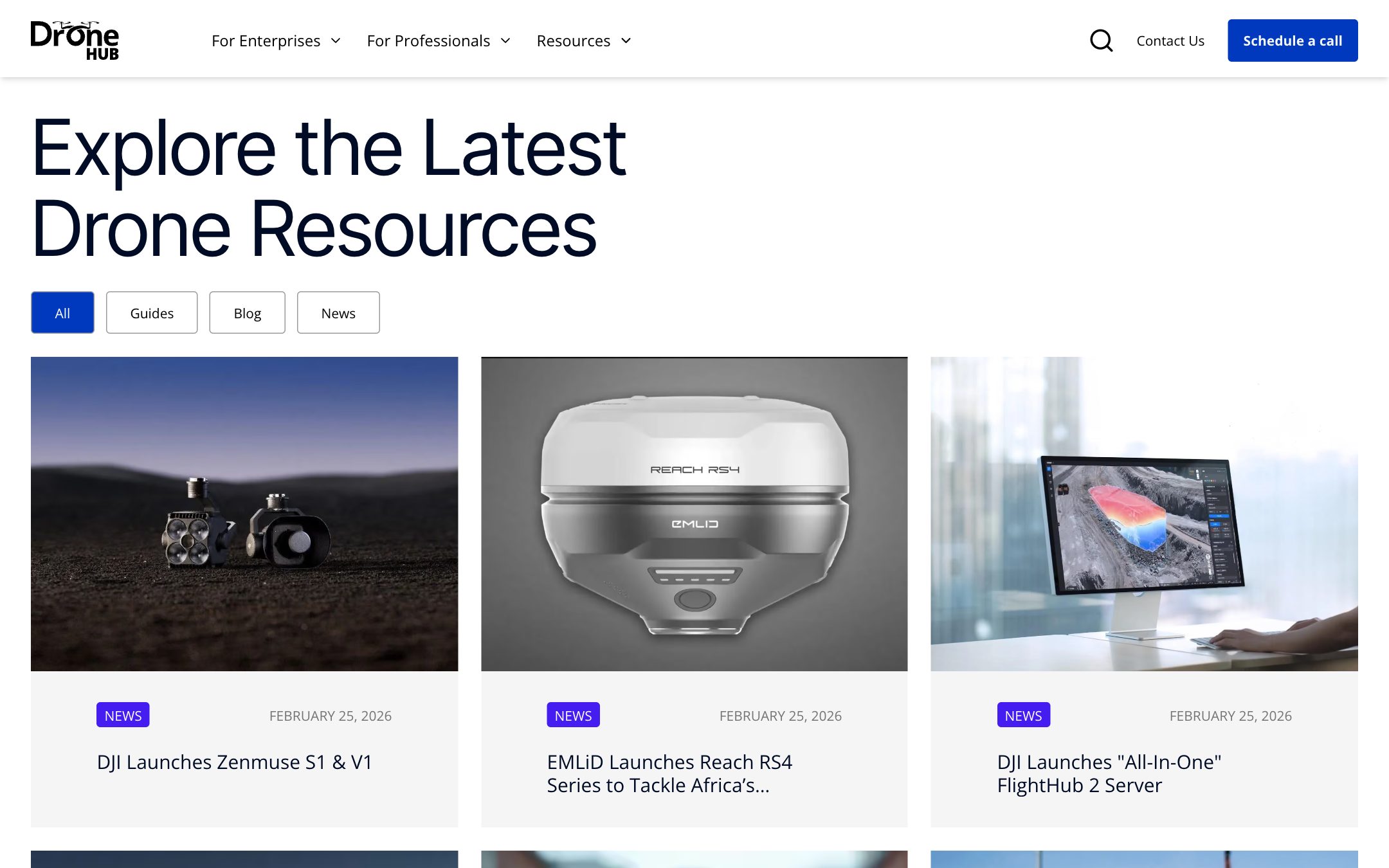 “Explore the Latest Drone Resources”: filters for guides, blog and news above article cards