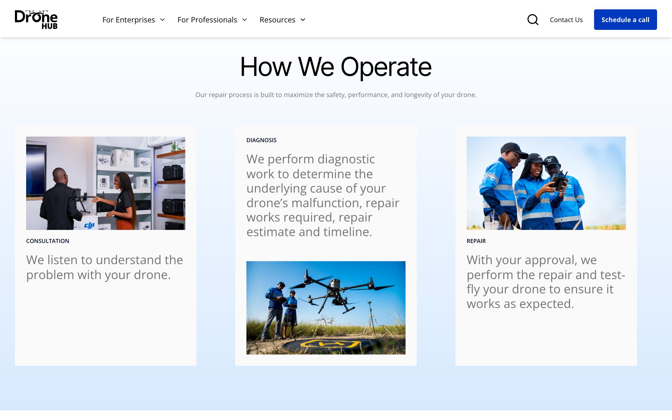 Repairs: “How We Operate” in three steps (consultation, diagnosis, repair) with photographs of the team