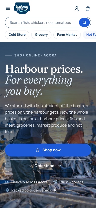 Harbour Price on a phone, with search, shop categories and full-width Shop now and Order food buttons over the harbour photograph