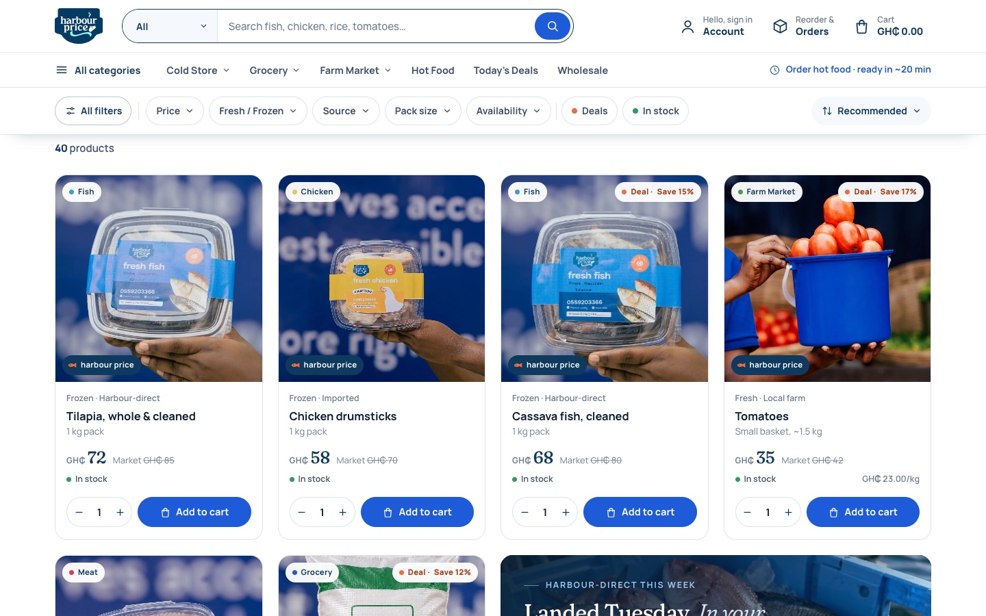 Harbour Price shop with filter pills and product cards showing packaged fish, chicken and tomatoes, prices, quantities and Add to cart