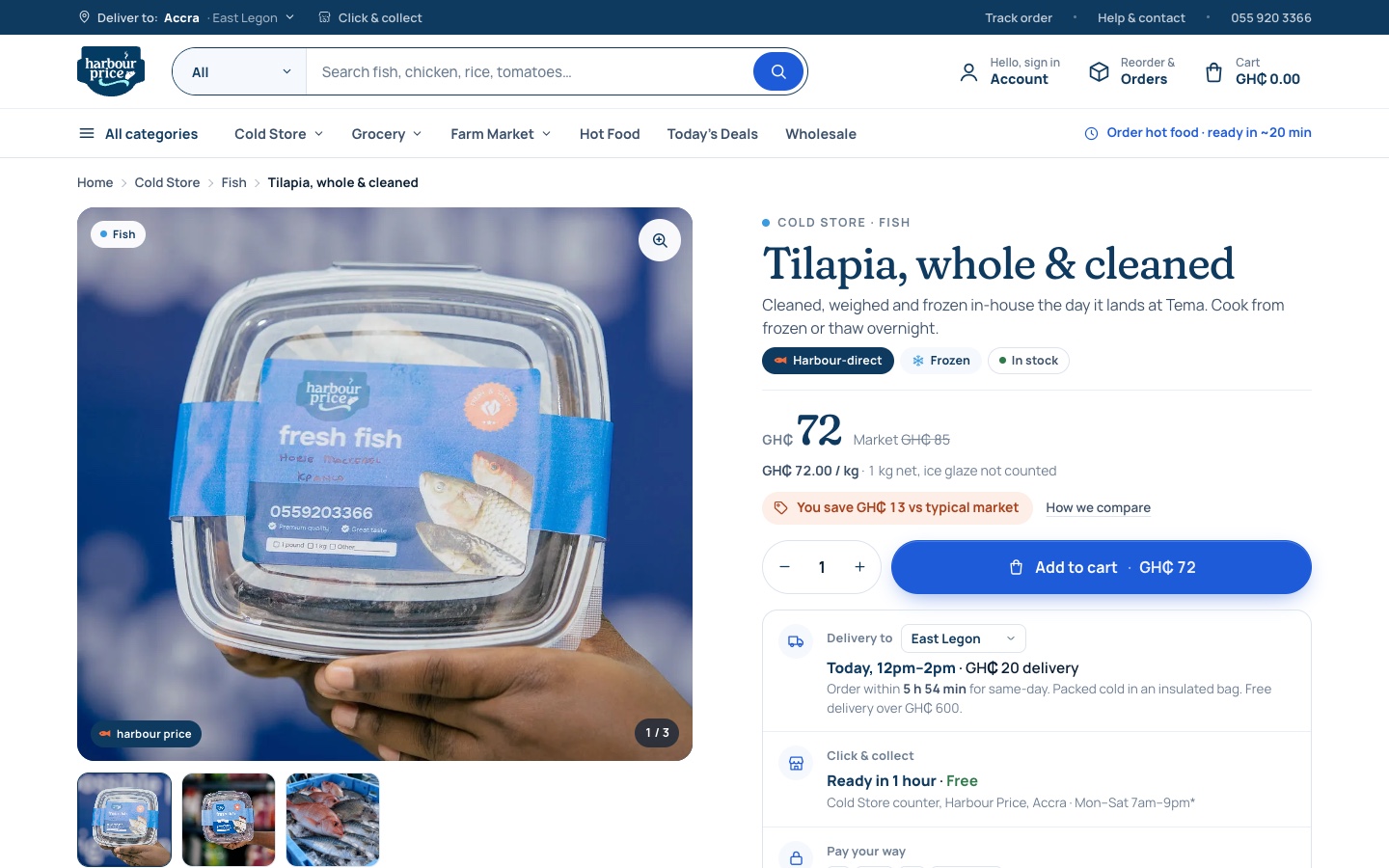 Tilapia product page with a sealed fish pack, harbour-direct and frozen labels, quantity controls and delivery or collection information