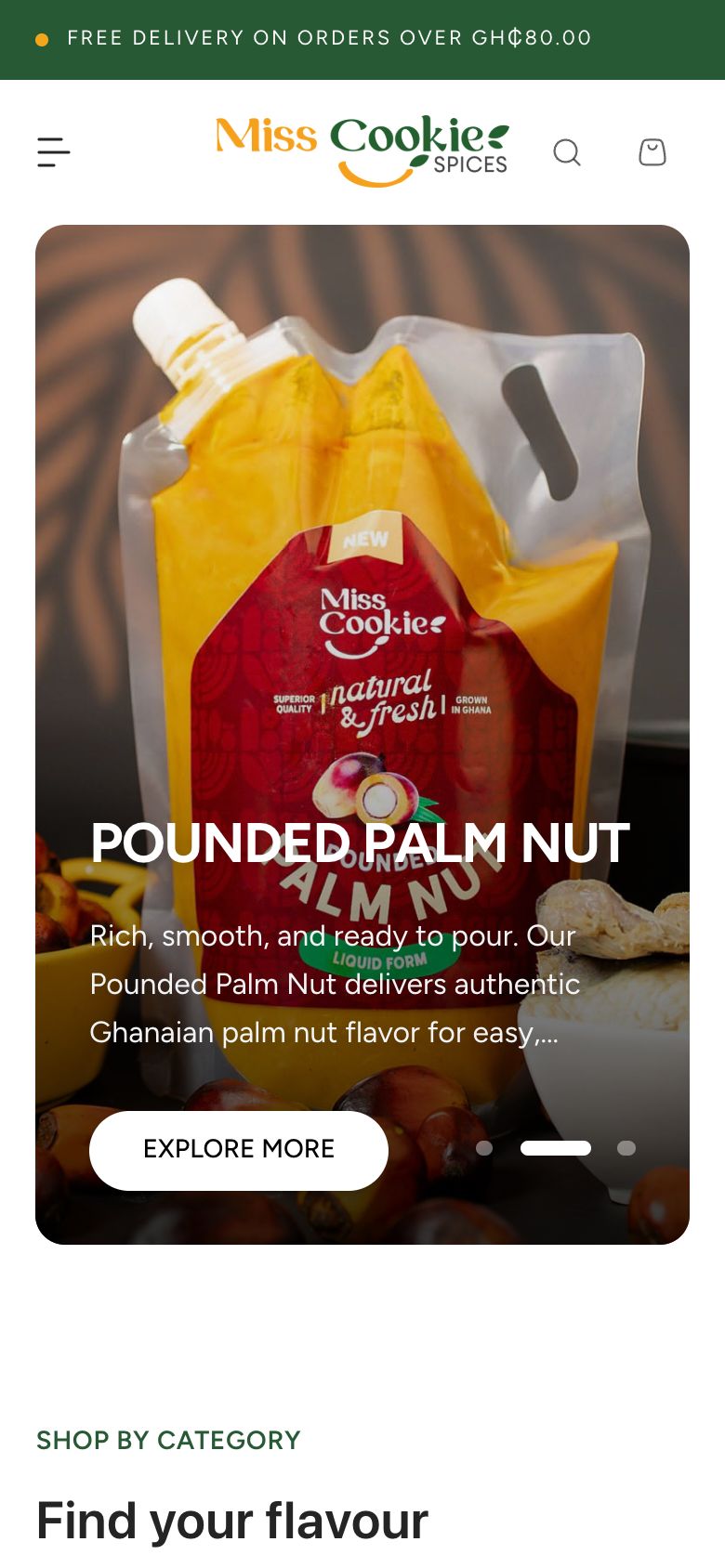 Miss Cookie Spices on a phone, showing the Pounded Palm Nut hero with search and the cart one tap away