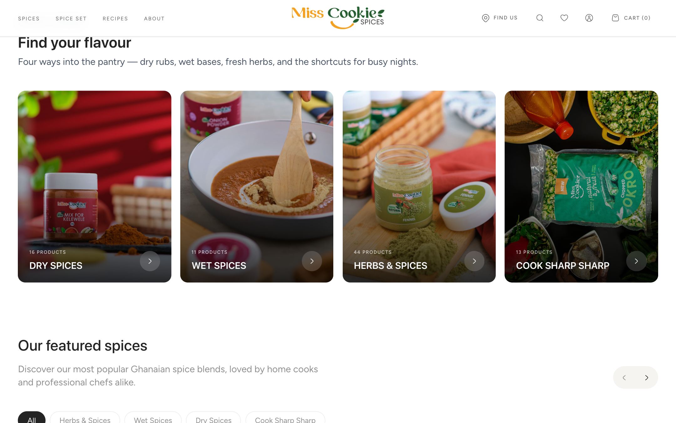 Shop by category: Dry Spices, Wet Spices, Herbs & Spices and Cook Sharp Sharp, each with its product count