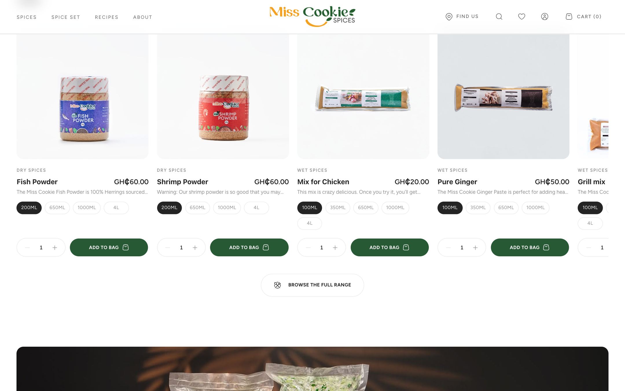 Product cards for Fish Powder, Shrimp Powder and Mix for Chicken, each with size options, quantity and an Add to bag button