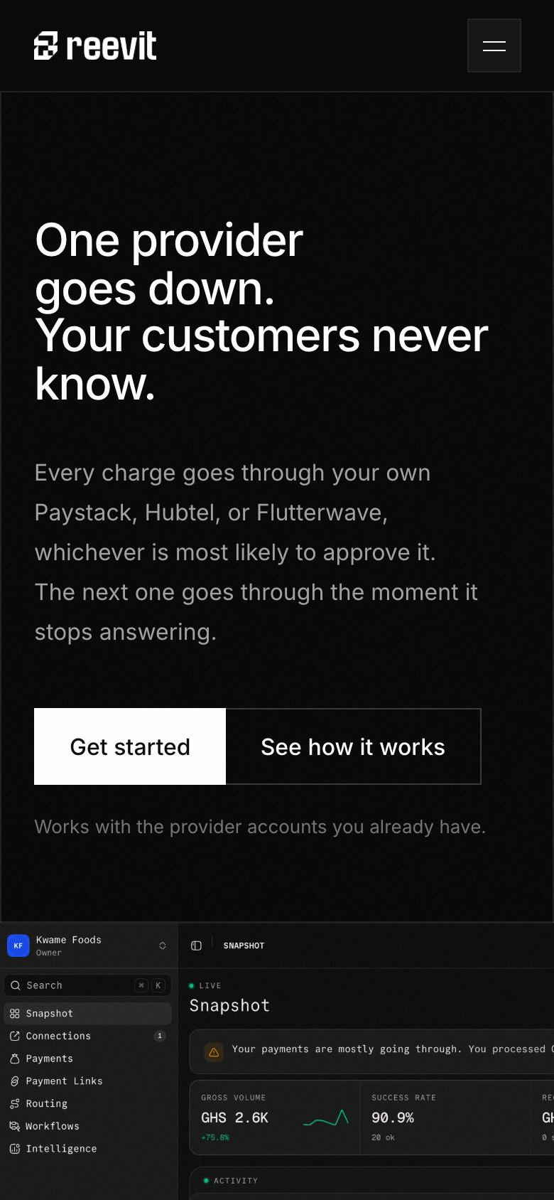 Reevit homepage on a phone: the headline and dashboard preview reflowed for a 390px screen