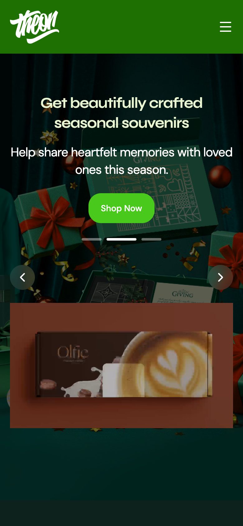 Studio Theon on a phone: the seasonal souvenirs slide and Shop Now under the green Theon bar