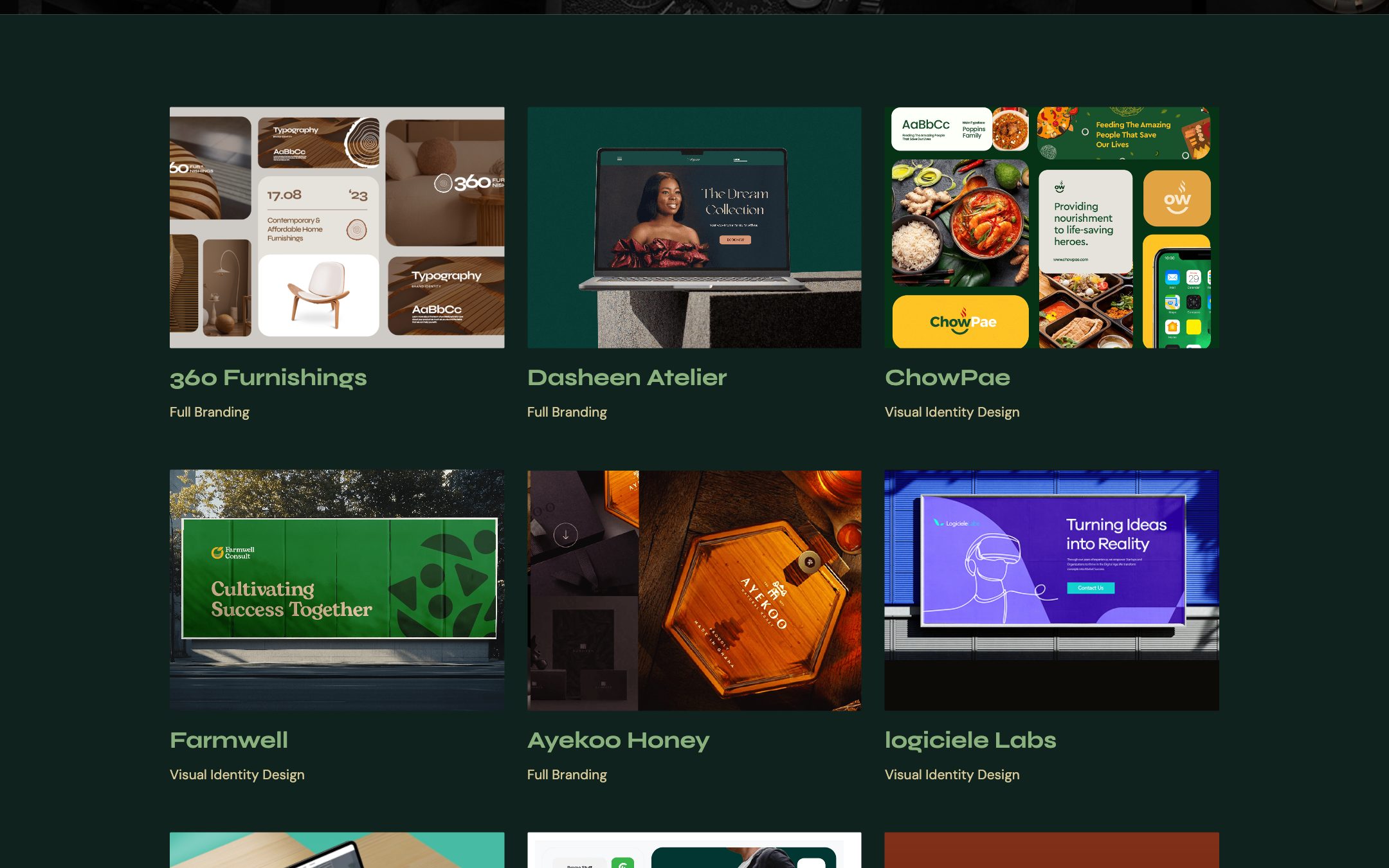 Project grid: 360 Furnishings, Dasheen Atelier and ChowPae above Farmwell, Ayekoo Honey and logiciele Labs
