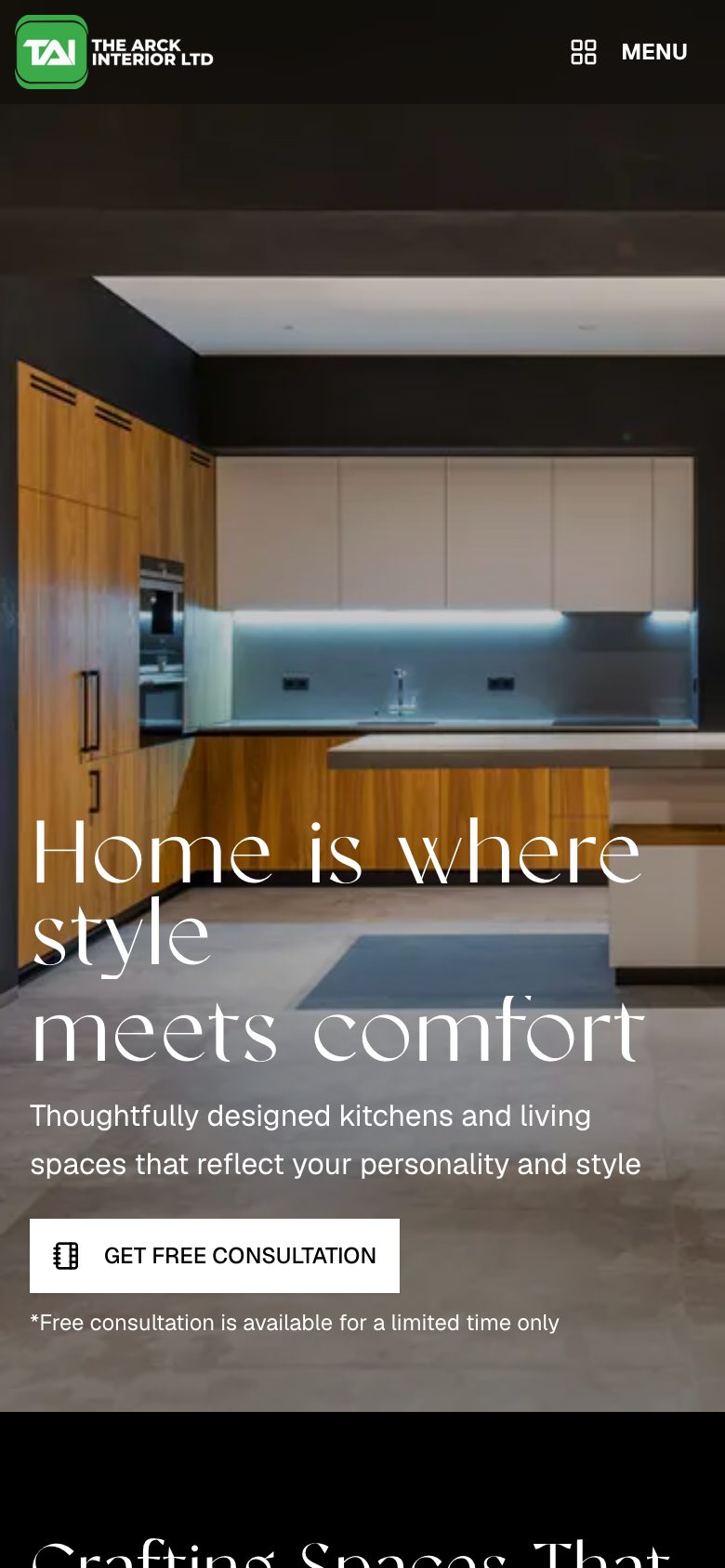 The Arck Interior on a phone: “Home is where style meets comfort” over the walnut kitchen, with Get free consultation