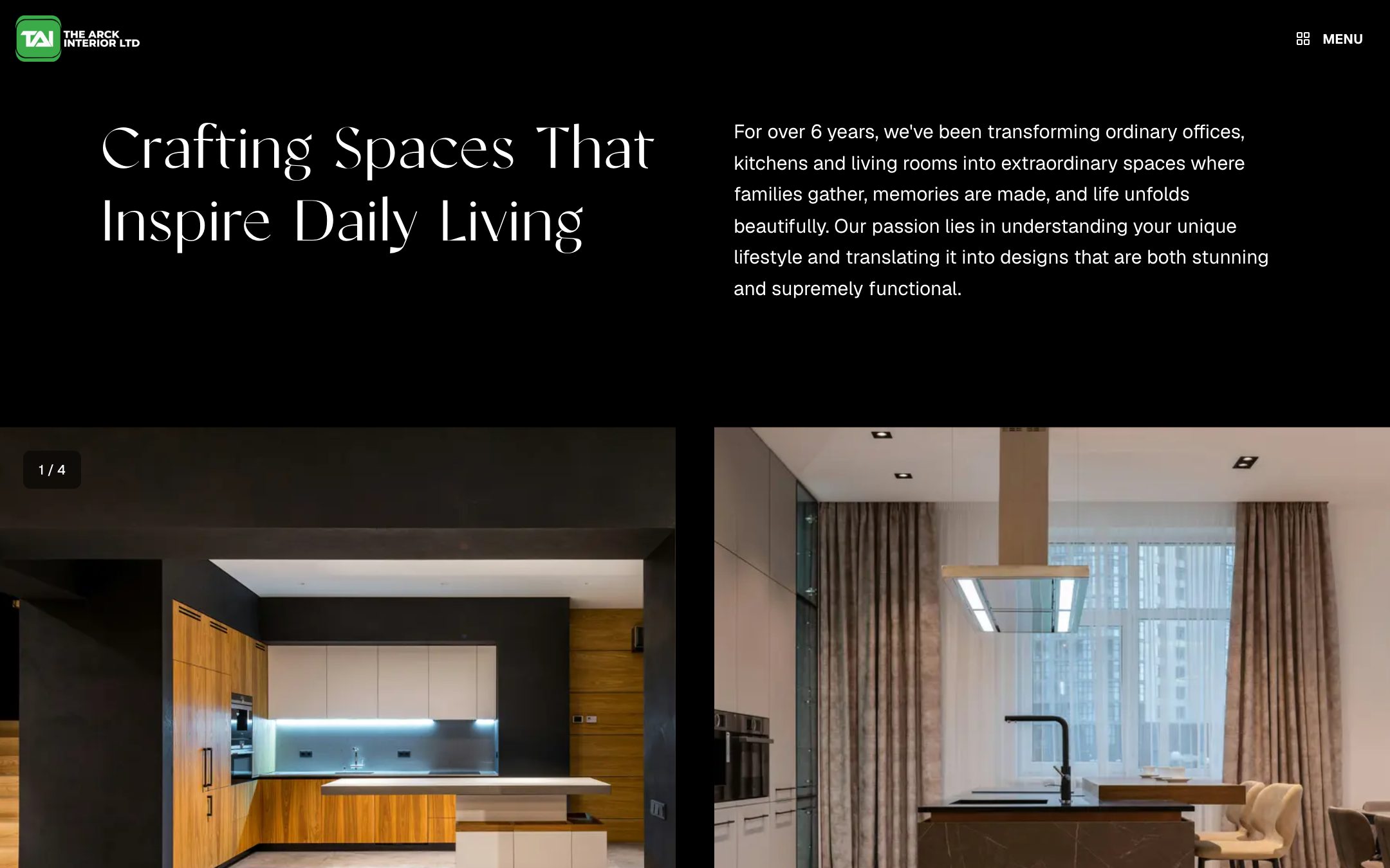“Crafting Spaces That Inspire Daily Living” and the studio introduction above two kitchen photographs
