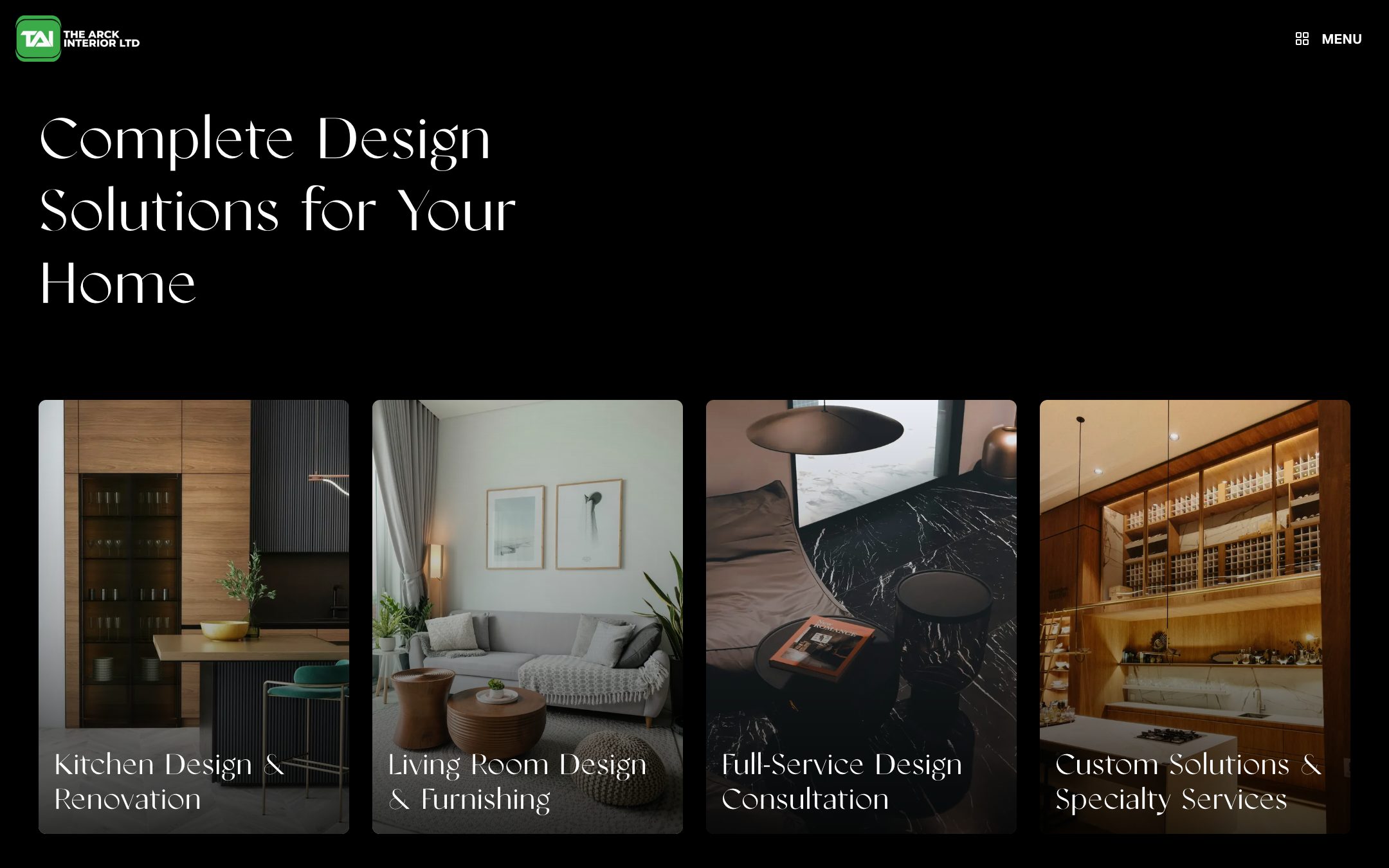 “Complete Design Solutions for Your Home”: photo cards for kitchens, living rooms, full-service consultation and custom solutions