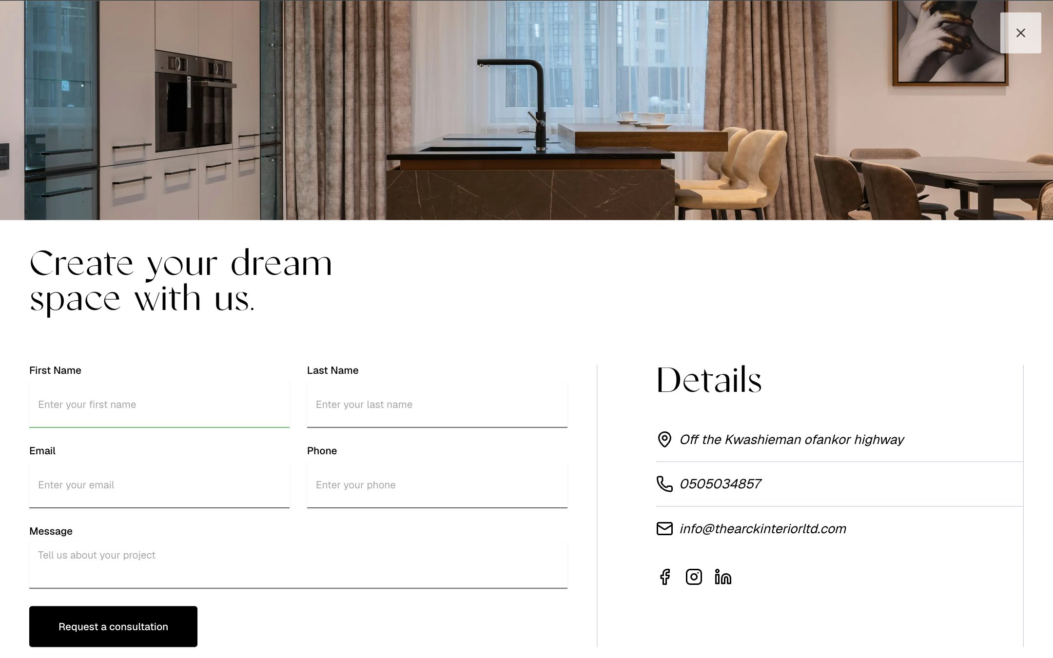 Consultation form, “Create your dream space with us.”, with name, email, phone and message beside the studio’s address and contacts