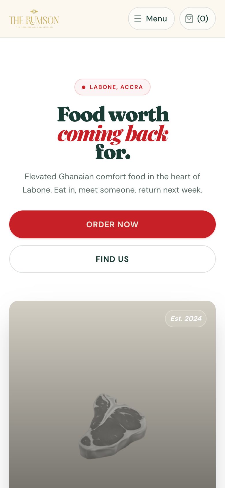 The Rumson on a phone: “Food worth coming back for.” with full-width Order now and Find us buttons