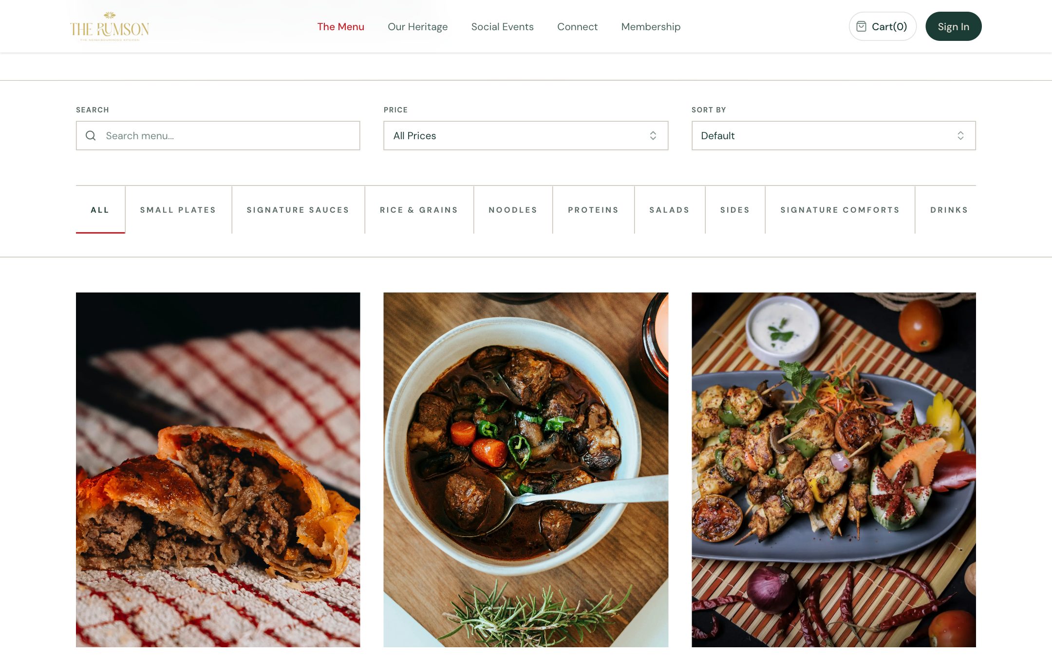 Menu page: search, price and sort controls above ten category tabs and the first dish photographs