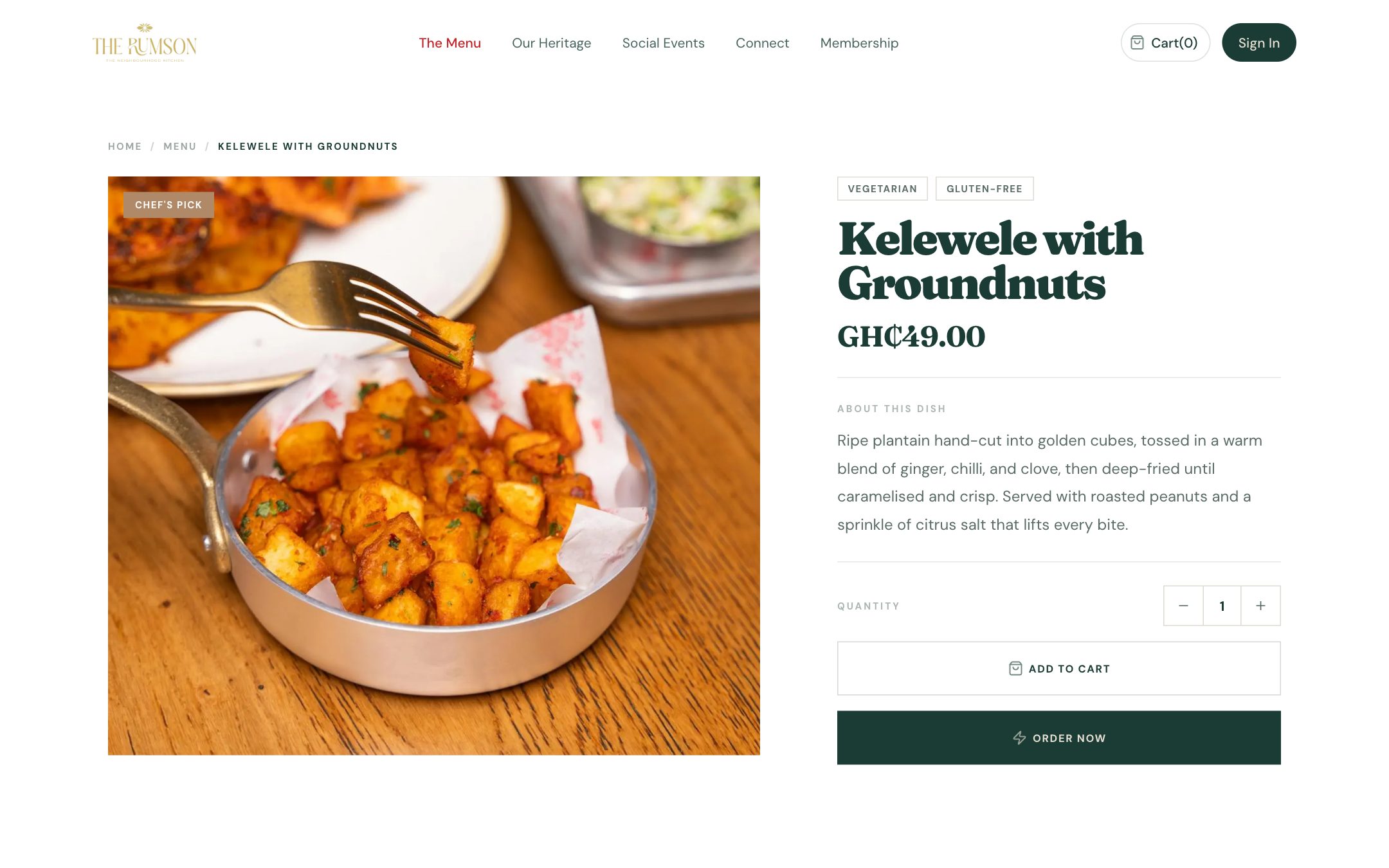 Kelewele with Groundnuts: Chef’s pick, vegetarian and gluten-free tags, GH₵49, Add to cart and Order now