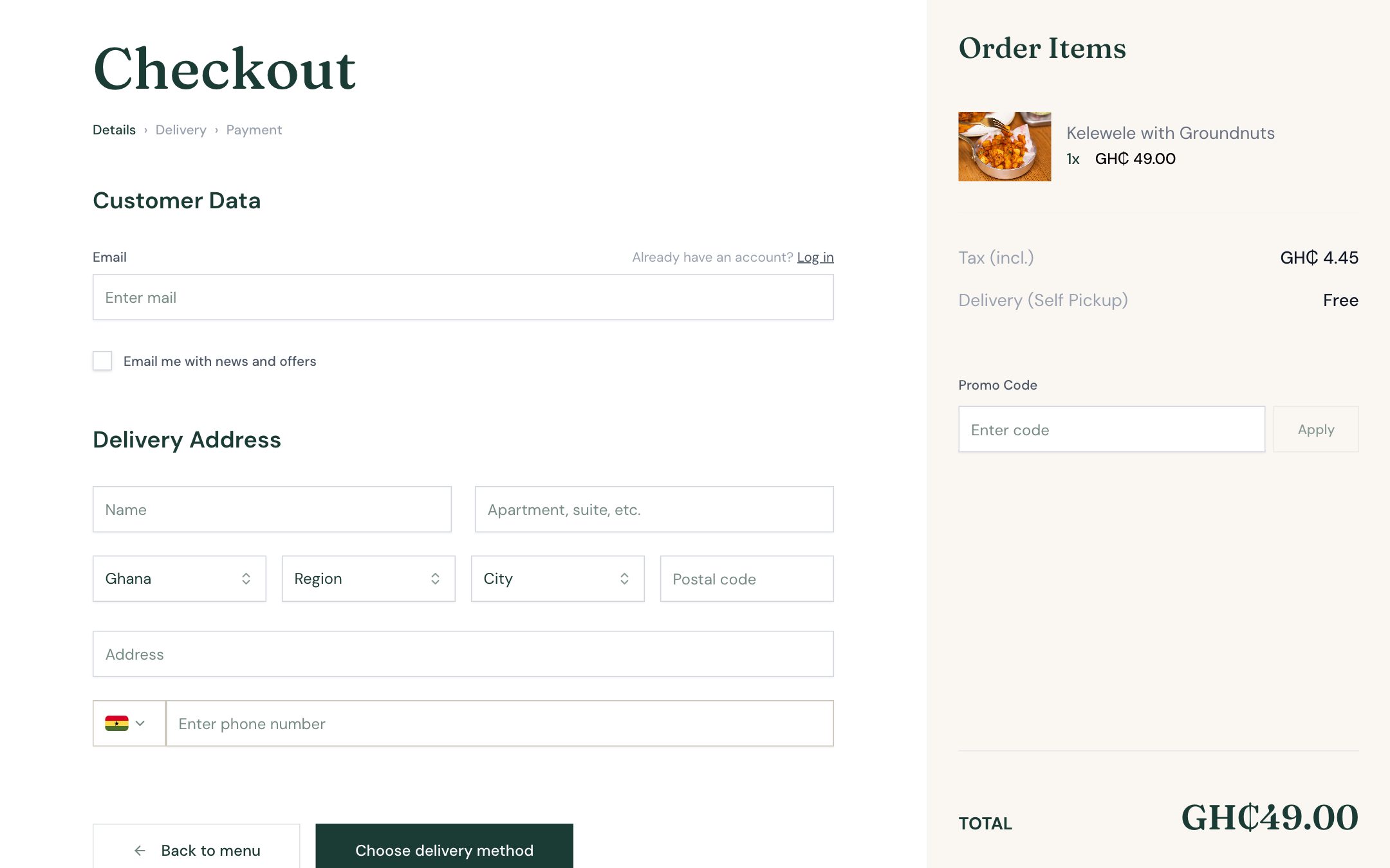Checkout step one: customer details and delivery address beside the order, tax, self-pickup and a promo code field