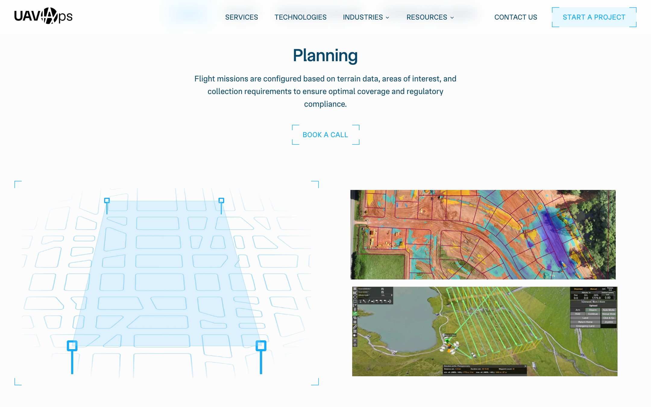 “Planning”: a survey grid illustration beside a processed site map and mission-planning software
