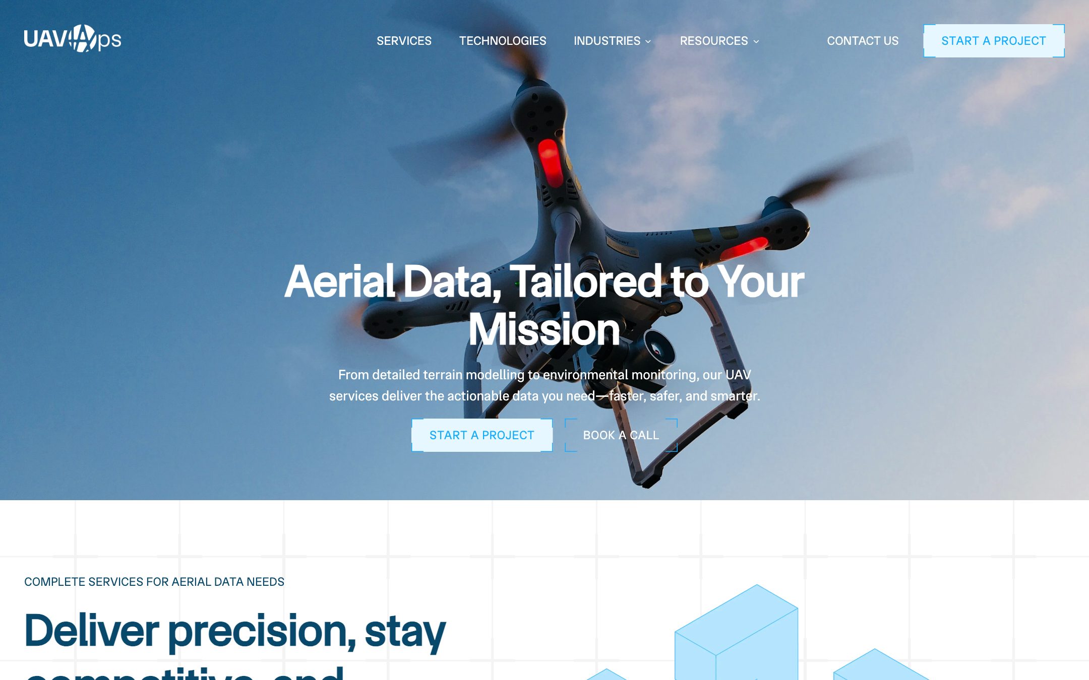 Services hero: “Aerial Data, Tailored to Your Mission” over a quadcopter against the sky