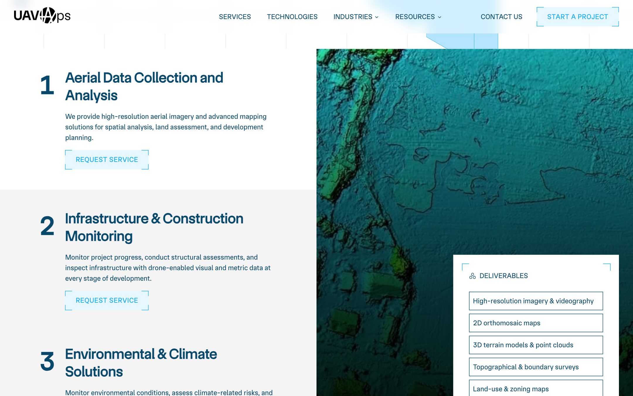 Service lines for aerial data, infrastructure monitoring and environmental work beside a terrain image and a deliverables panel