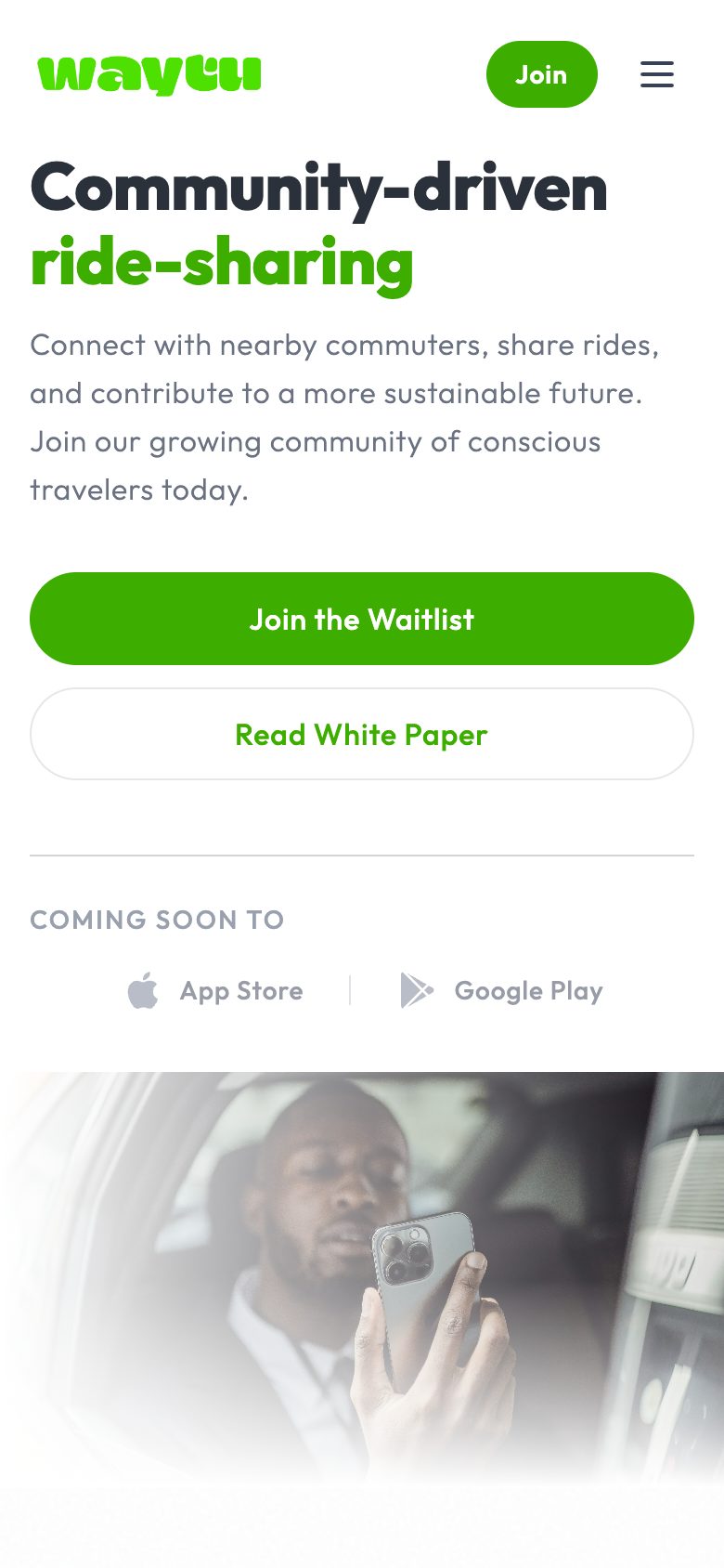 Waytu on a phone: the headline, Join the Waitlist and Read White Paper, and “Coming soon to App Store, Google Play”