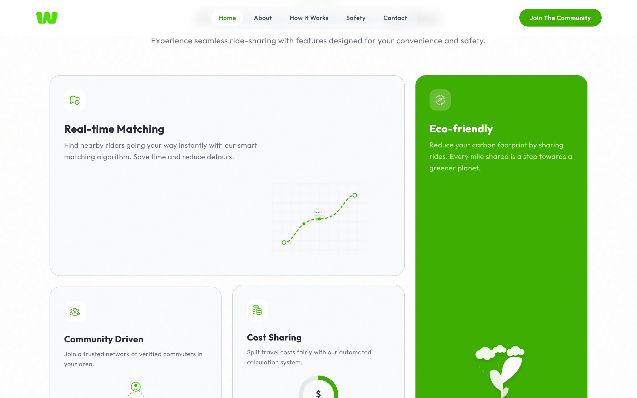Feature cards: Real-time Matching with a matched route line, a green Eco-friendly card, Community Driven and Cost Sharing