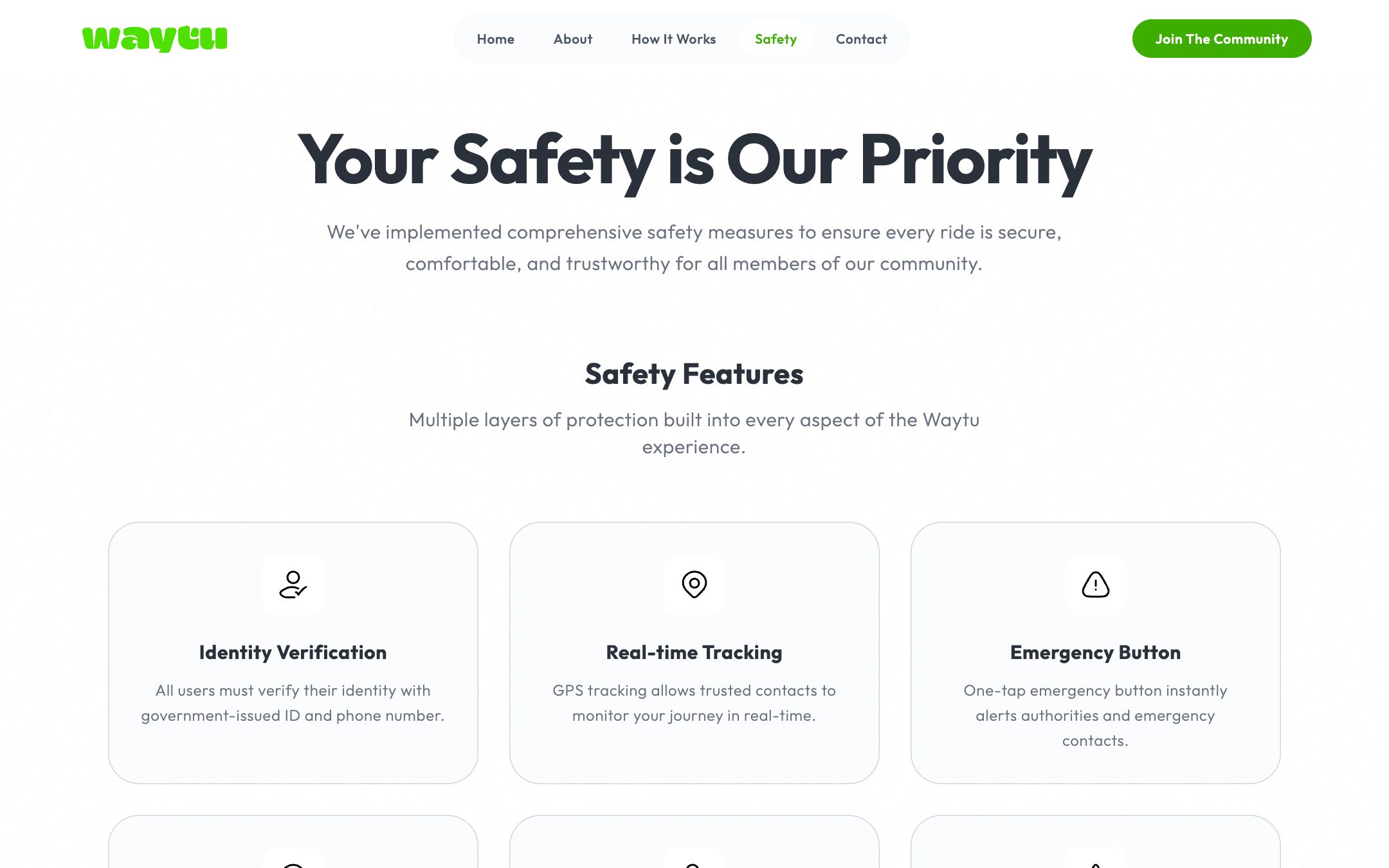 Safety page: “Your Safety is Our Priority” above cards for identity verification, real-time tracking and an emergency button