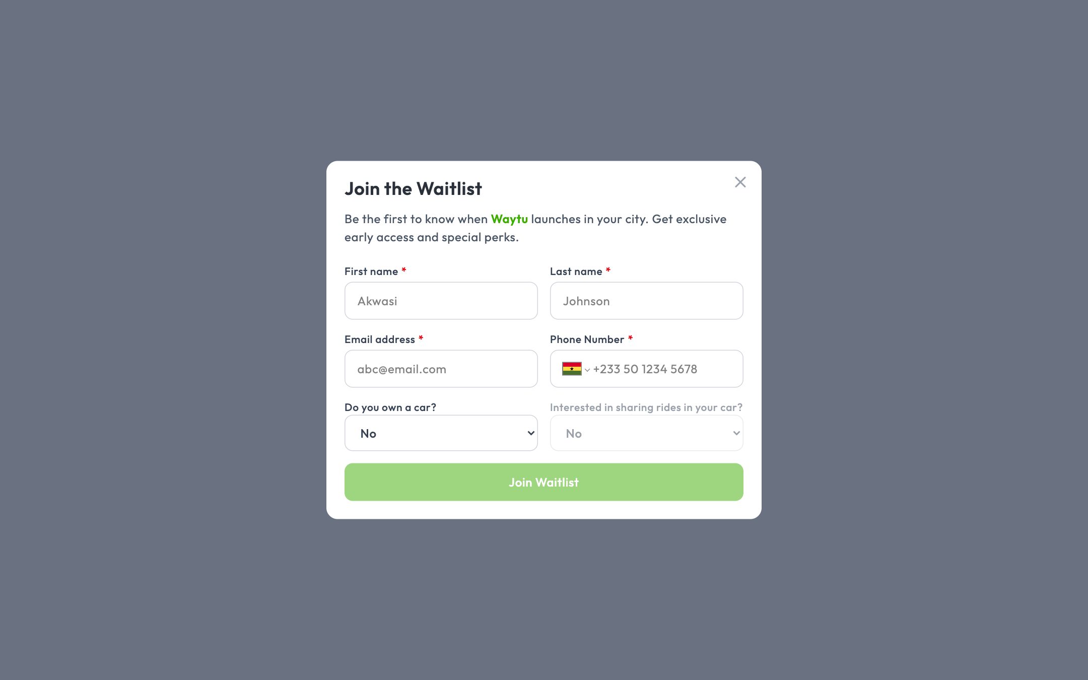 Join the Waitlist form: name, email, a Ghana phone number, “Do you own a car?” and “Interested in sharing rides in your car?”