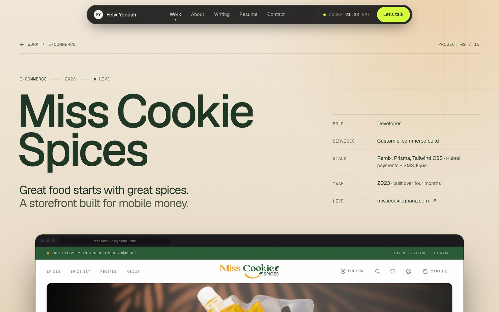 The Miss Cookie Spices project page on a warm cream band with dark green type