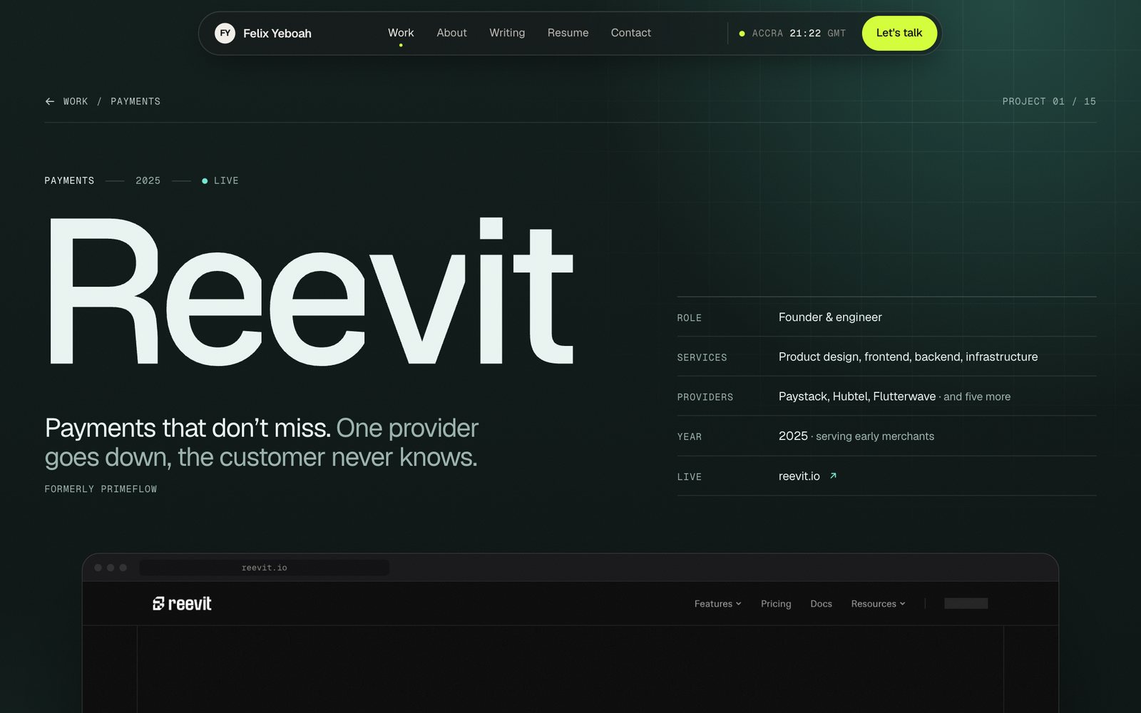 The Reevit project page: a dark green hero band with the title, credits and a teal accent