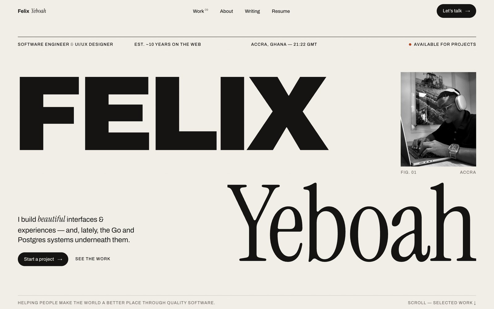 The Editorial direction: a cream page with FELIX in a heavy grotesque and Yeboah in a large serif