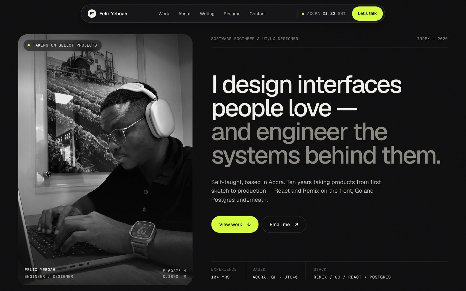 The Dark Studio direction: a near-black page with a portrait on the left and the headline on the right